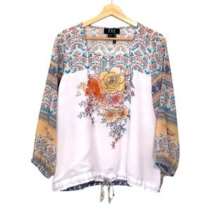 FDJ French Dressing Jeans Puff Sleeve Flora Print Top Square Neckline Size 6